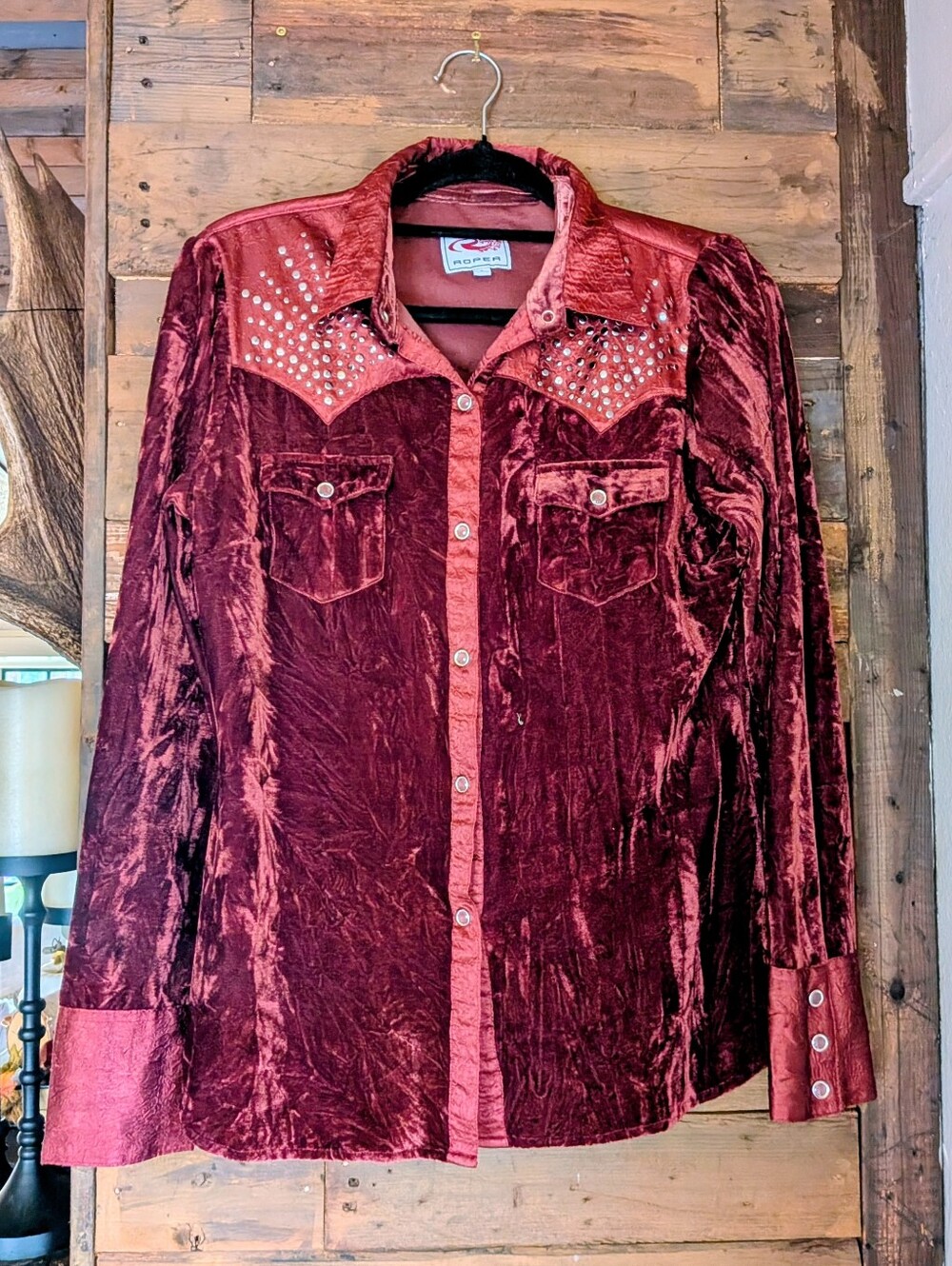 Roper Velvet Western Shirt in Wine Red with Studded Yoke